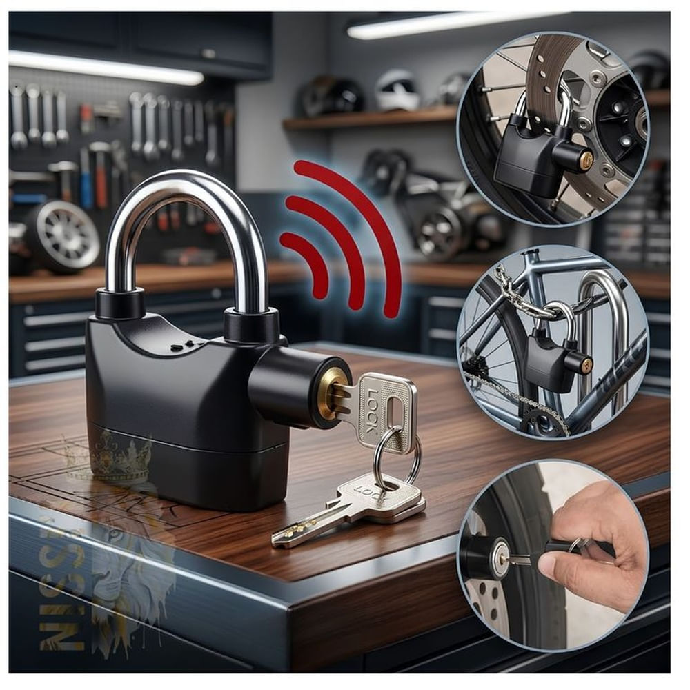 CANDADO CON ALARMA MULTIUSO PARA MOTO BICICLETAS PUERTAS