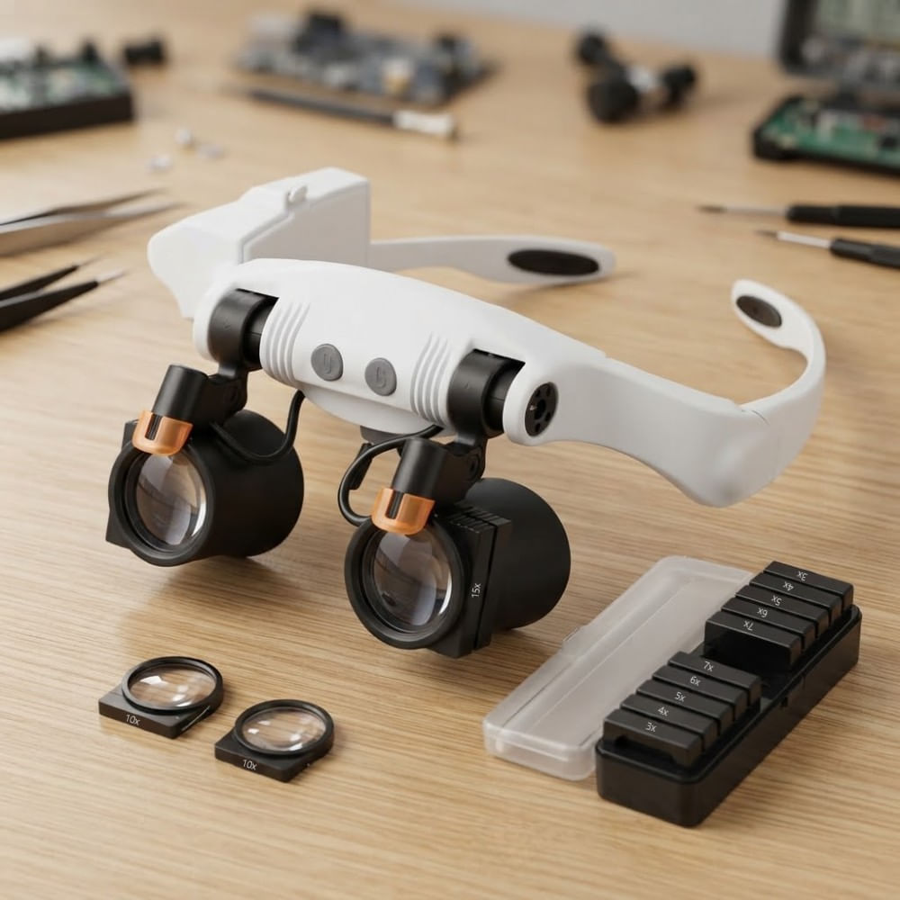 Lupa de cabeza con luz led y 14 medidas intercambiables