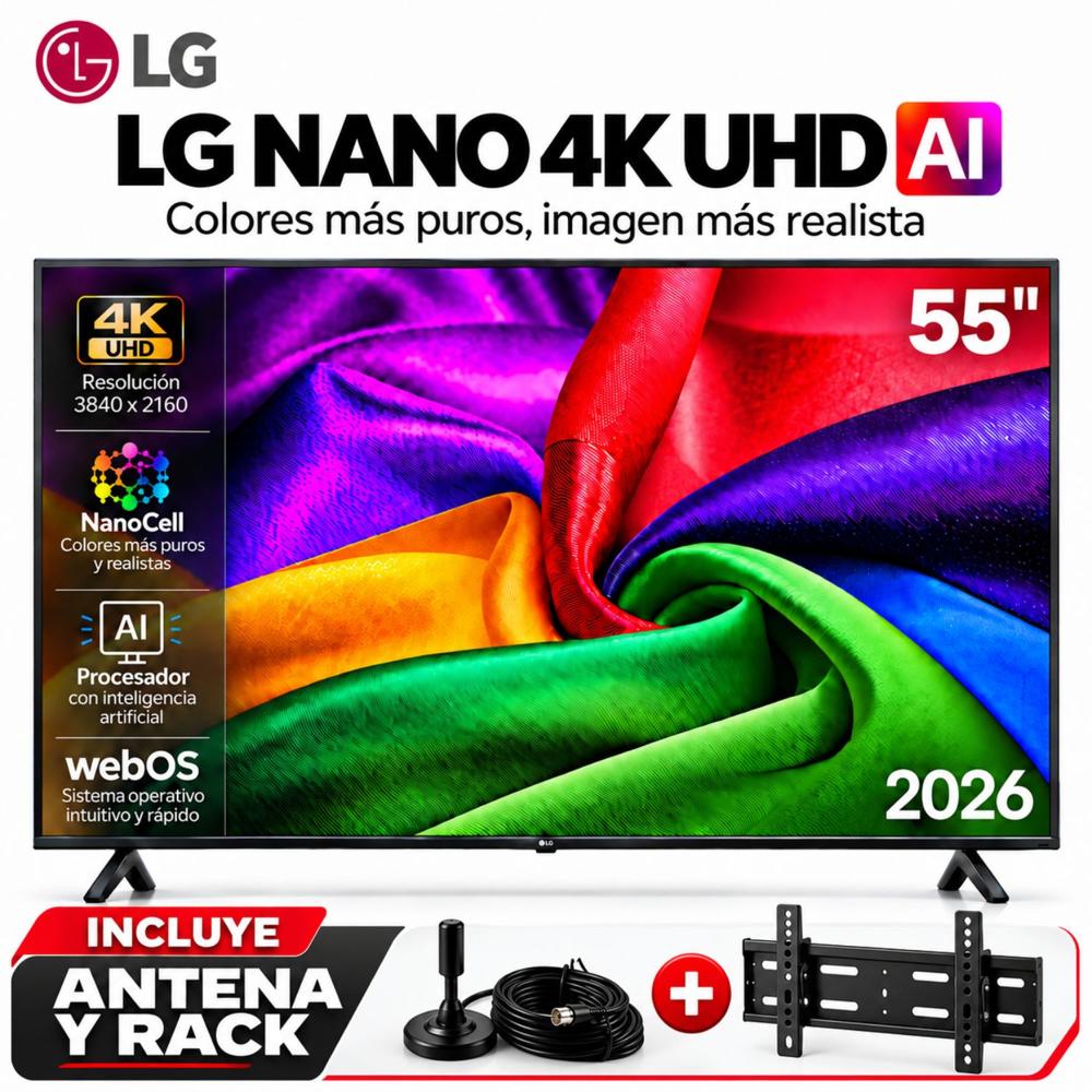 Televisor LG 55 NANO 4K UHD SMART TV 2026 CON RACK Y ANTENA DIGITAL