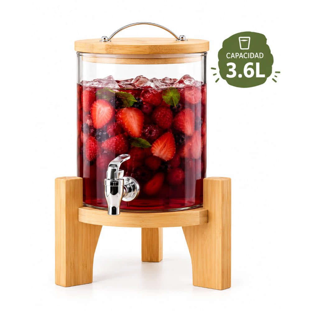 Dispensador de Bebidas 3.6L de Bambú Diseño Moderno Multifuncional Hogar Cocina Eventos XW26002