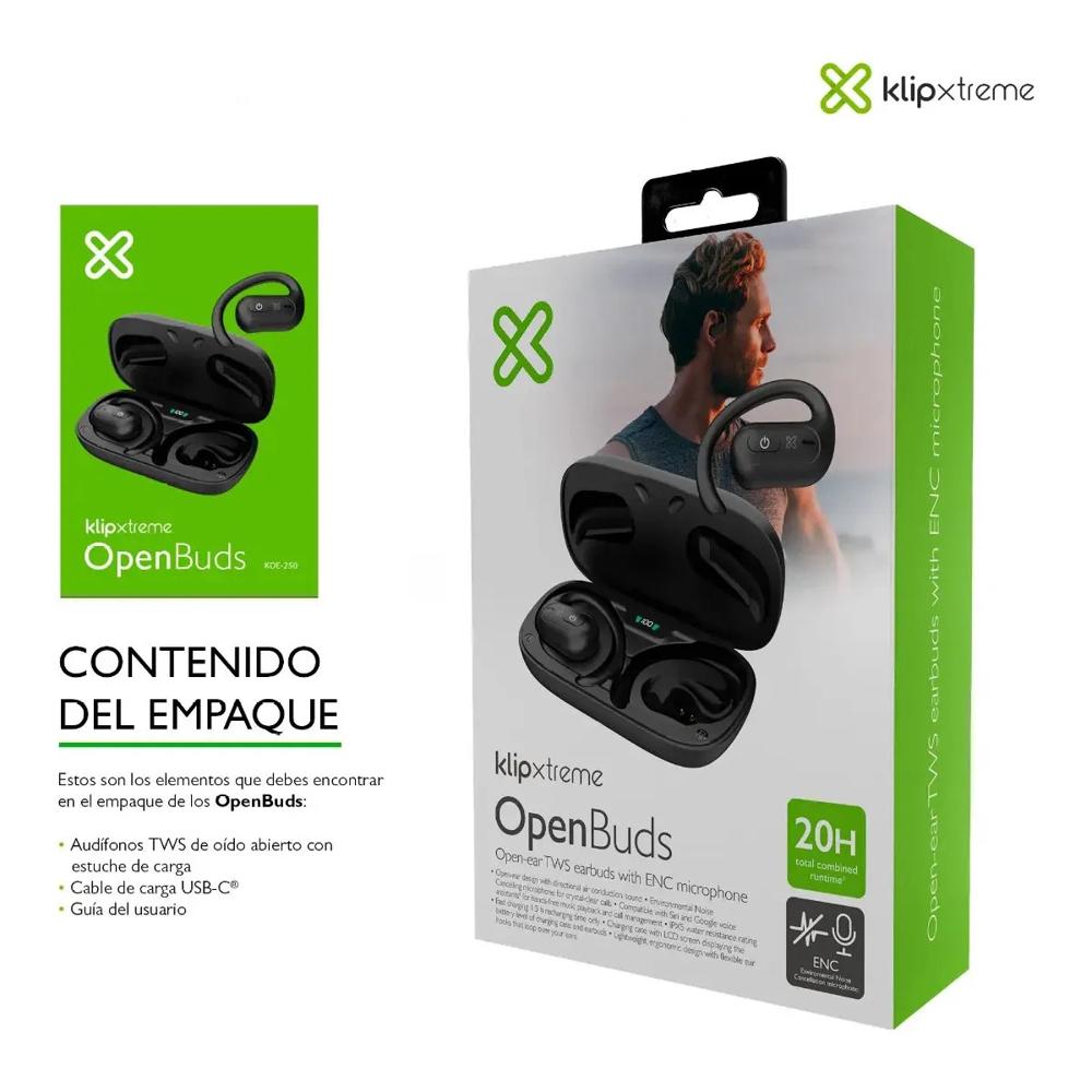 Audífonos Klip Xtreme Open Ear TWS Bluetooth 5.3 ENC IPX5 Negro KOE-250BK