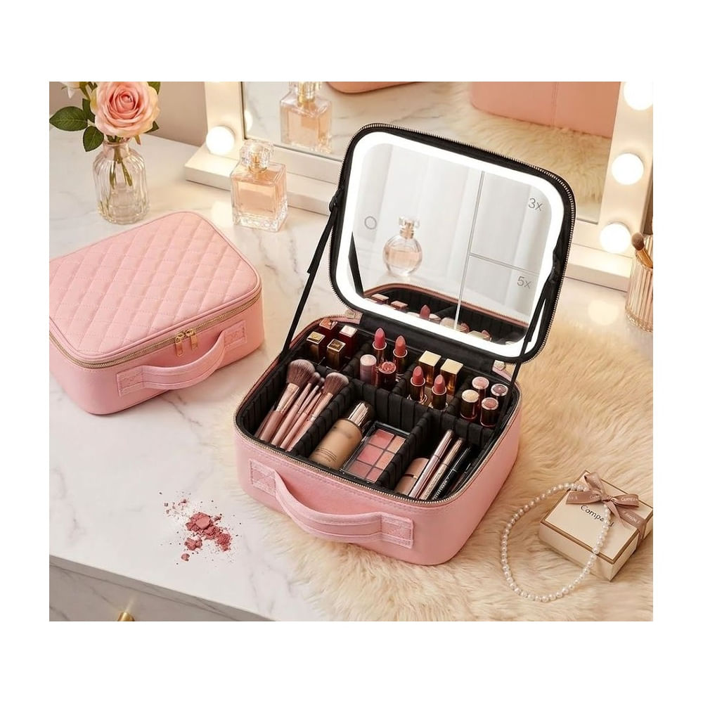 Neceser De Maquillaje con Espejo led aumento 3x 5x maletin Organizador de Maquillaje