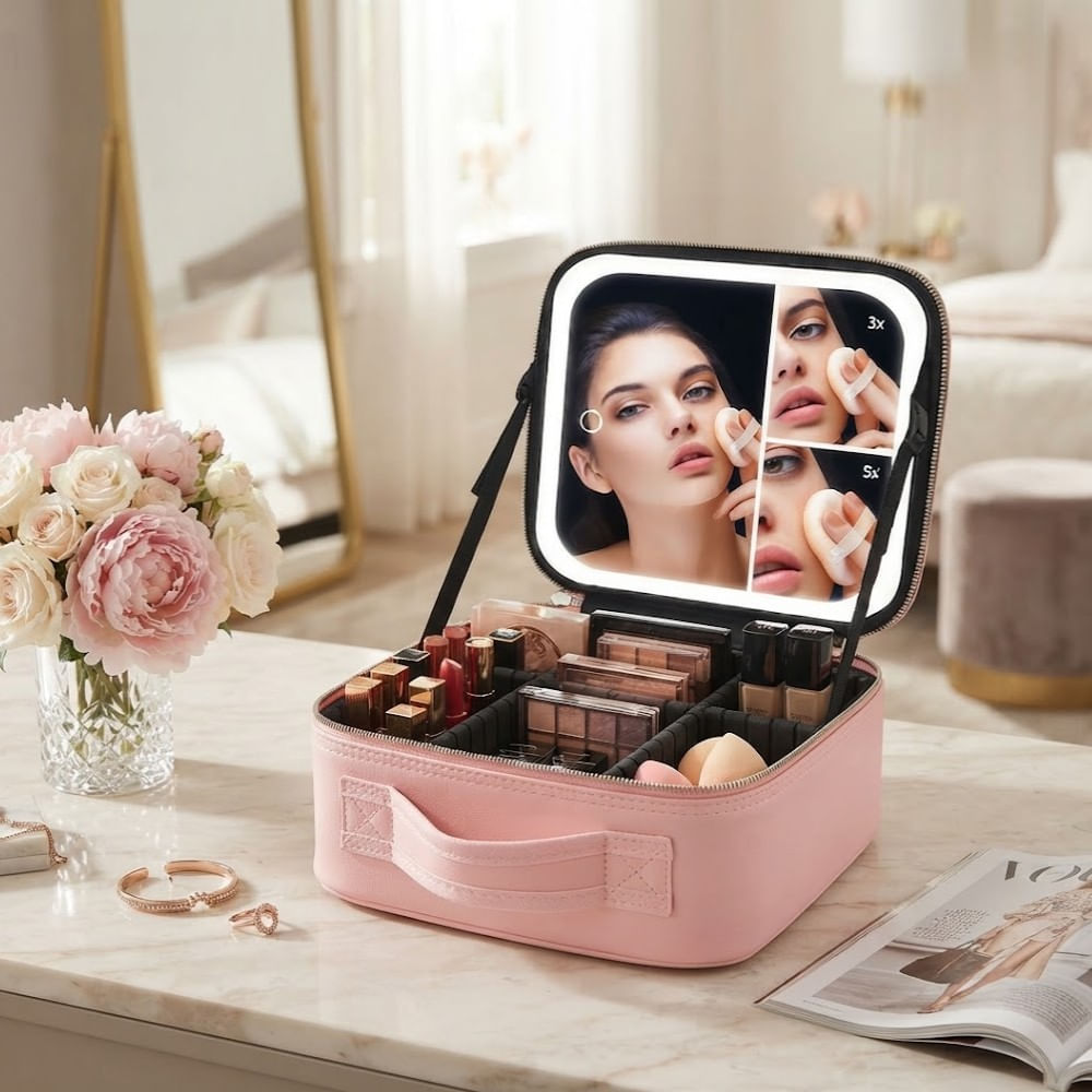 Maletin Neceser De Maquillaje con Espejo aumento 3x 5x Organizador de Maquillaje