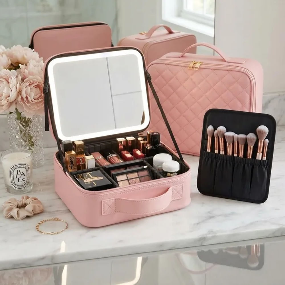 Neceser de maquillaje con luz led y aumento 3x 5x maletin cosmetiquera portatil