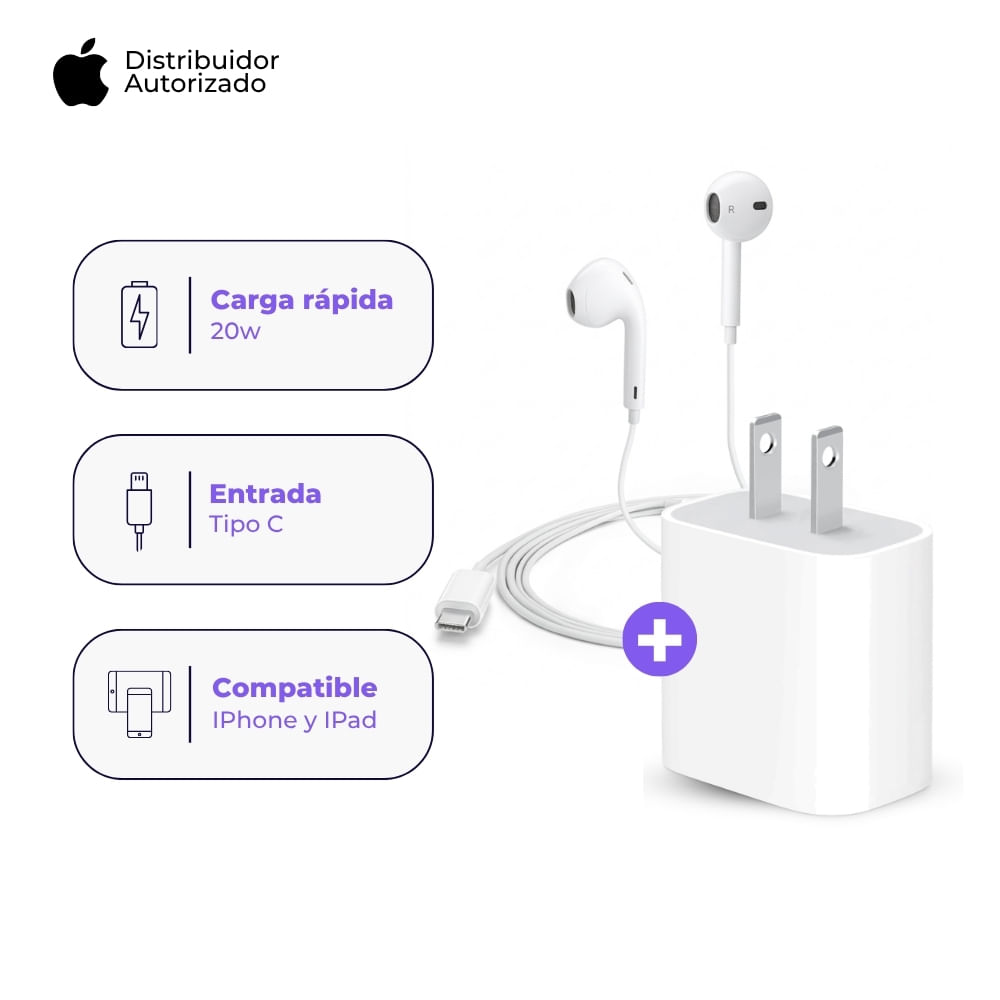 Cargador Apple 20W y Audífonos EarPods USB-C Blanco