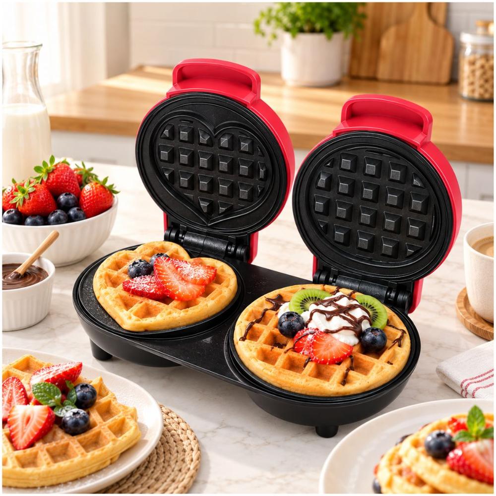 Mini Wafflera Doble Antiadherente Eléctrica Portátil de 640W Rojo