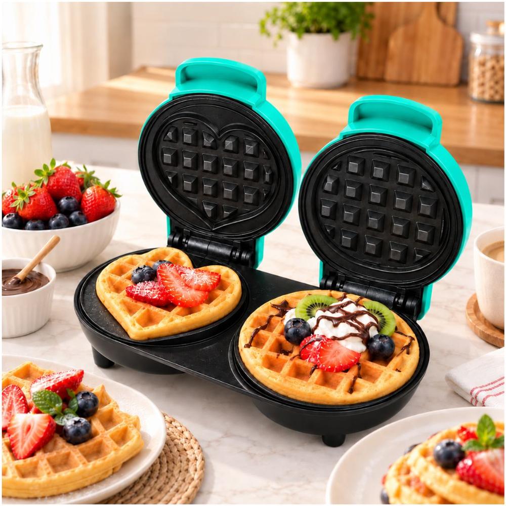 Mini Wafflera Doble Antiadherente Eléctrica Portátil de 640W Verde agua