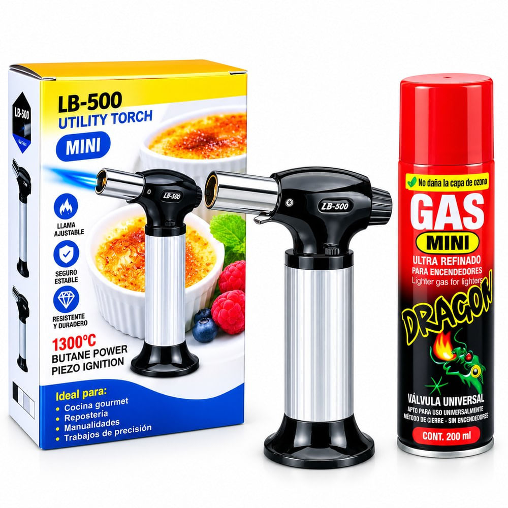 Kit Mini Flameador Gourmet Profesional LB-500 Y 2 Recargas Gas Butano Válvula Universal