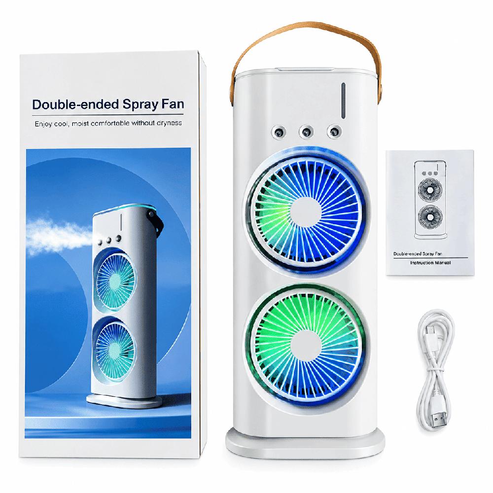 Ventilador Doble con Humidificador Aire Frío Luces Control remoto y Adaptador de Regalo