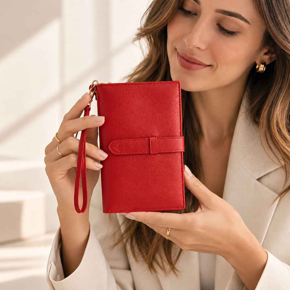 Billetera Y Porta Pasaporte De Cuero Vacuno Para Dama ARW03 Rojo
