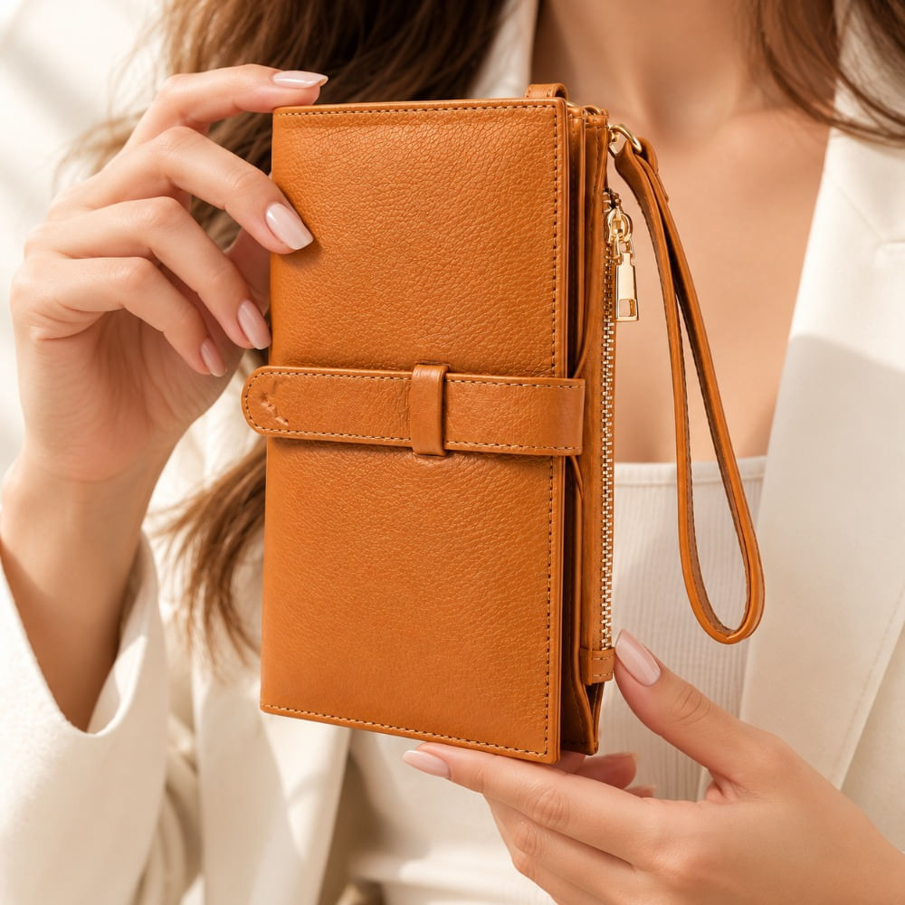 Billetera Y Porta Pasaporte De Cuero Vacuno Para Dama ARW03 Camel