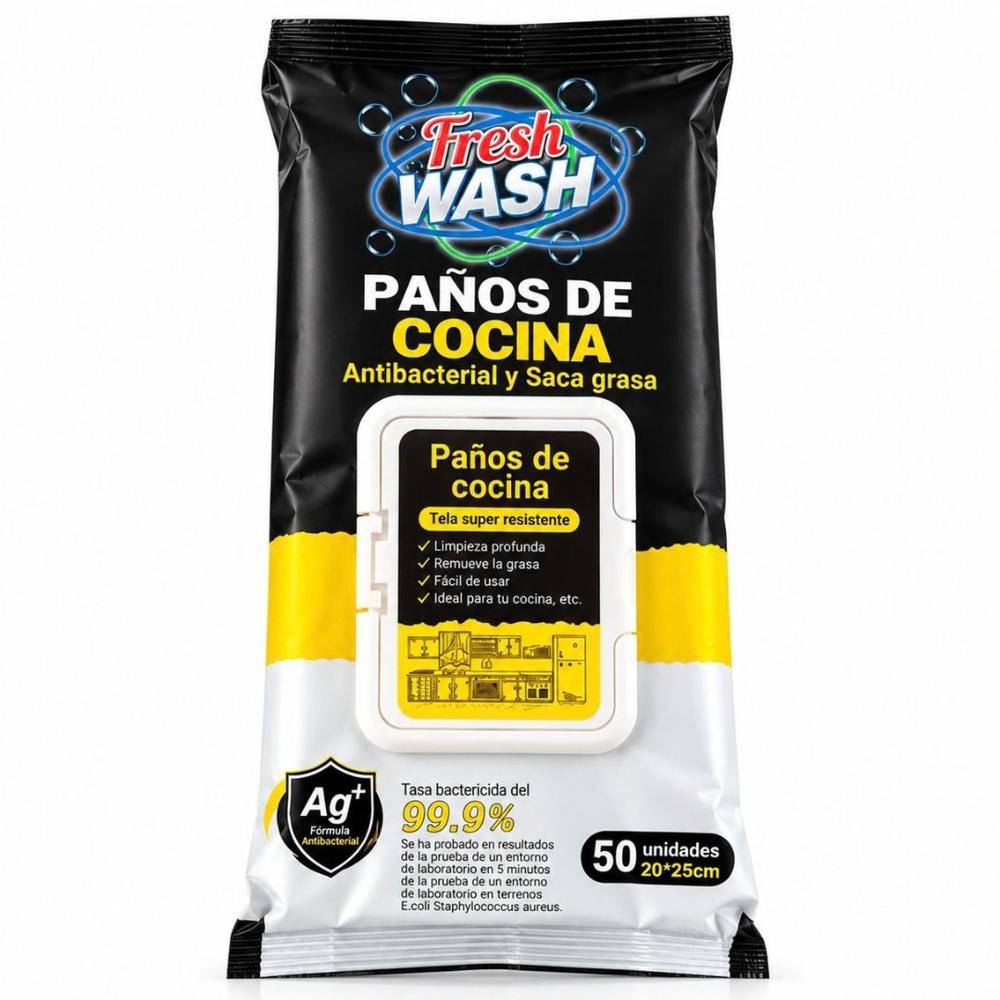 Paños Húmedos Antibacteriales Fresh Wash para Cocina Antigrasa 50 Unidades