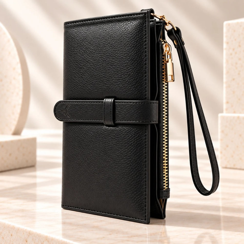 Billetera Y Porta Pasaporte De Cuero Vacuno Para Dama ARW03 Negro