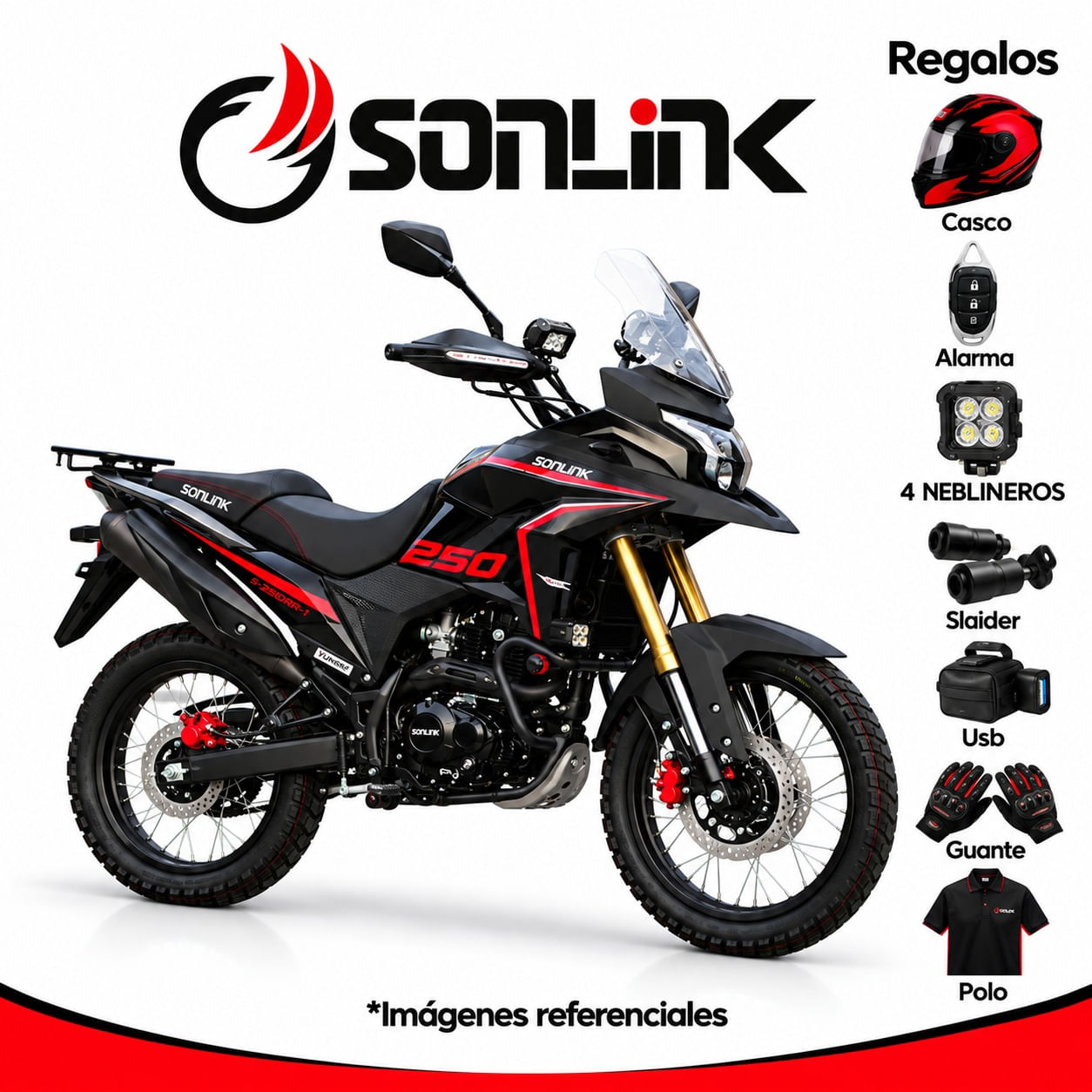 Moto Sonlink SL250-GY7 Adventure 250cc Negra - 6 Velocidades. Motor 15.4 HP