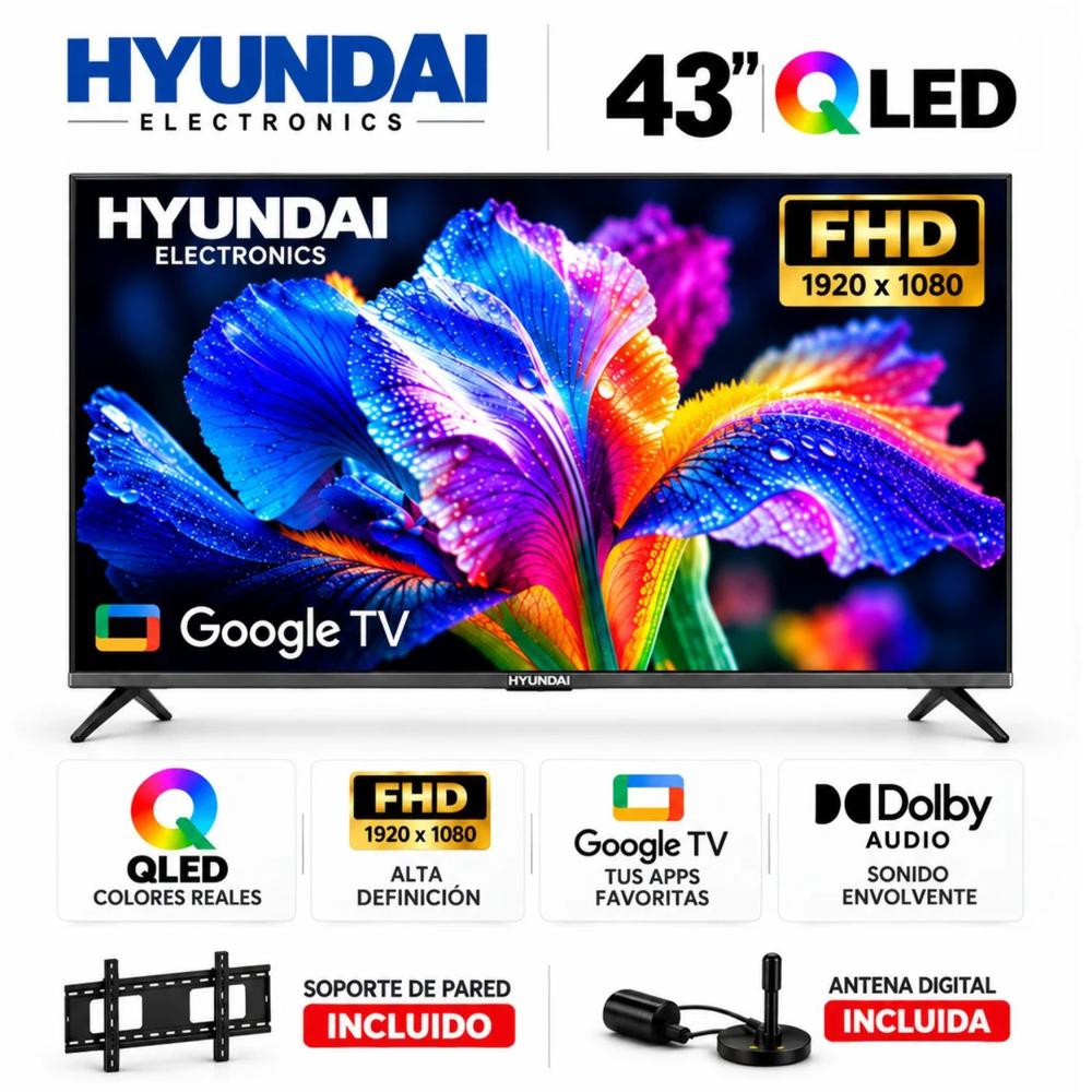 Televisor Hyundai 43 QLED Smart TV FHD Google TV HYLED4326QG Mas Antena Digital Mas Rack