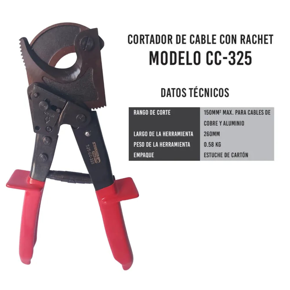 CORTA CABLE 150MM CON RACHET PARA CABLES DE COBRE Y ALUMINIO
