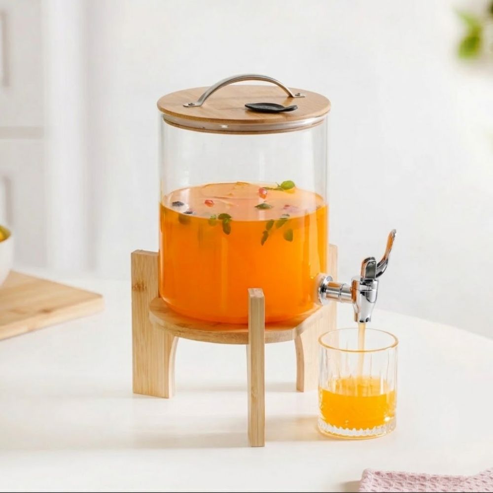 Dispensador de Agua de Vidrio 5.5 Litros con Base de Bambú