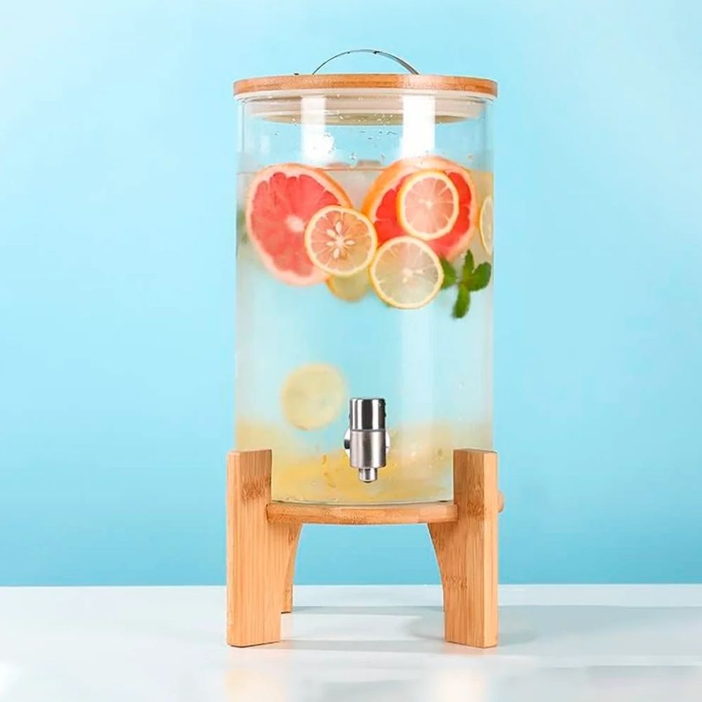 Dispensador de Agua 8 L de Vidrio Borosilicato con Base y Tapa de Bambú