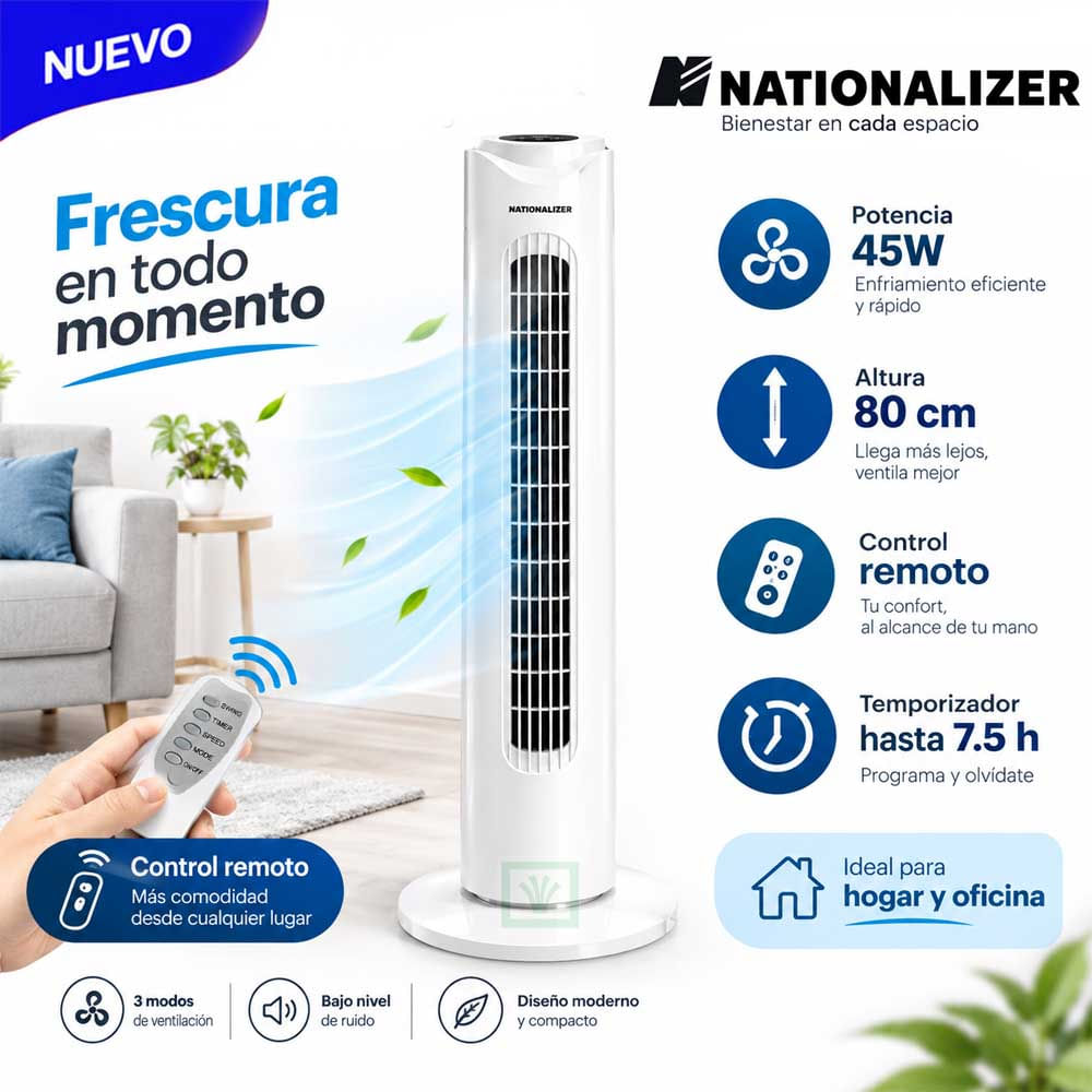 Ventilador Torre Nationalizer TF80AR Control Remoto 45W Blanco