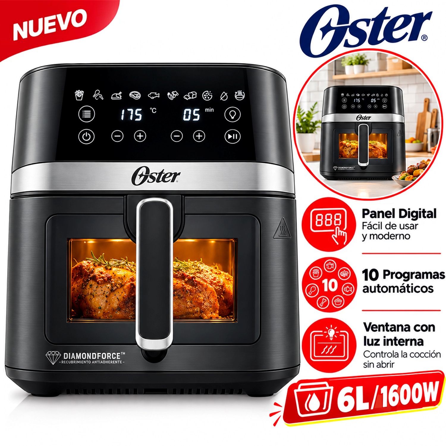 Freidora de Aire Digital Oster DiamondForce 6 Lts CKSTAF60WDDF