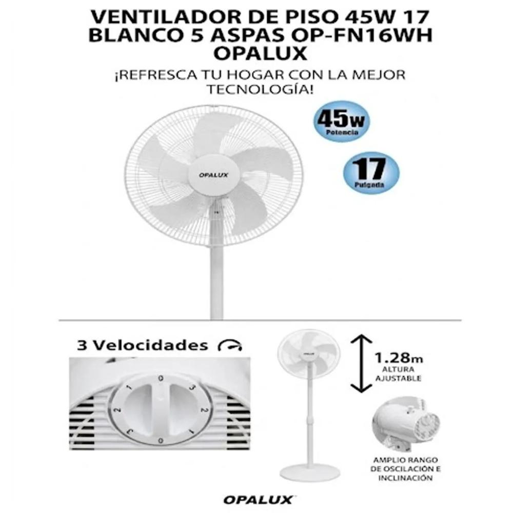 VENTILADOR DE PISO OPALUX 17 DE 3 VELOCIDADES 5 ASPAS MOTOR ALUMINIO 220V 60HZ 45W COLOR BLANCO