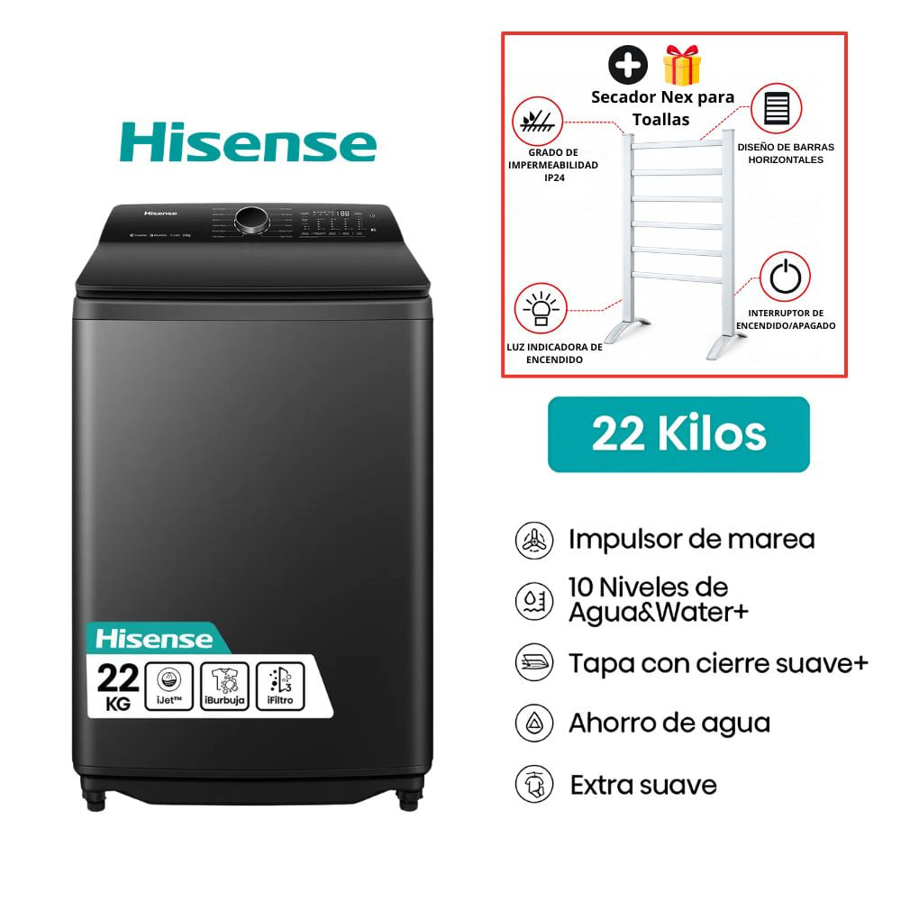 Lavadora Hisense 22kg Carga Superior WT5i2223DB - Negro -I- Secadora de Toallas