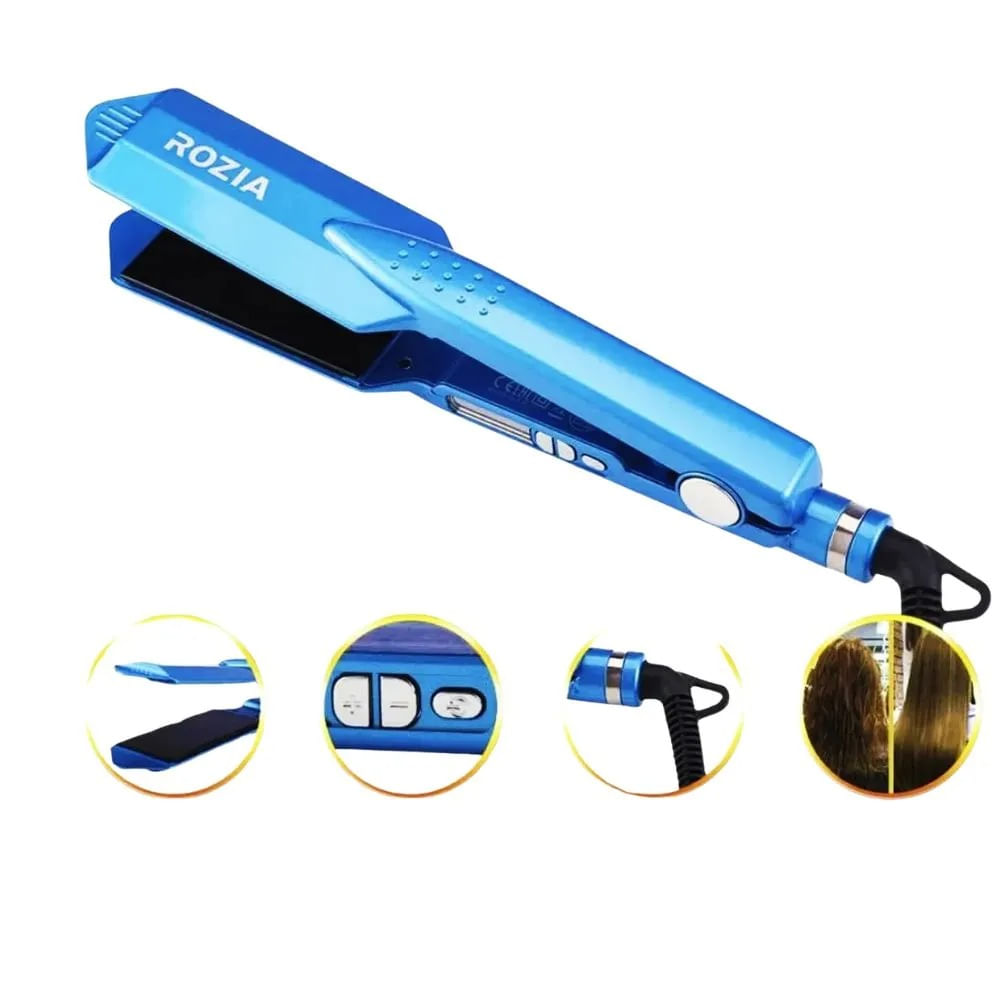 PLANCHA ALISADOR DE CABELLO PROFESIONAL ROZIA HR745 CERAMICA 450F COLOR AZUL.