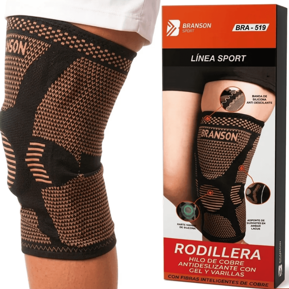 Rodillera Copper con Hilos de Cobre Gel y Varillas Talla M Marca Branson