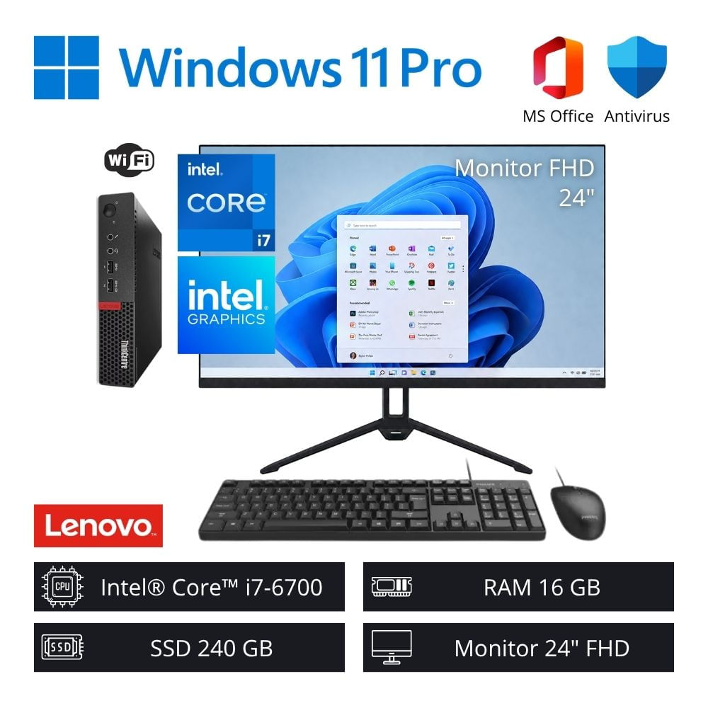 Computadora PC Lenovo Mini Intel Core i7-6700 16GB RAM 240GB SSD Refurbished + Monitor 24"" FHD WiFi