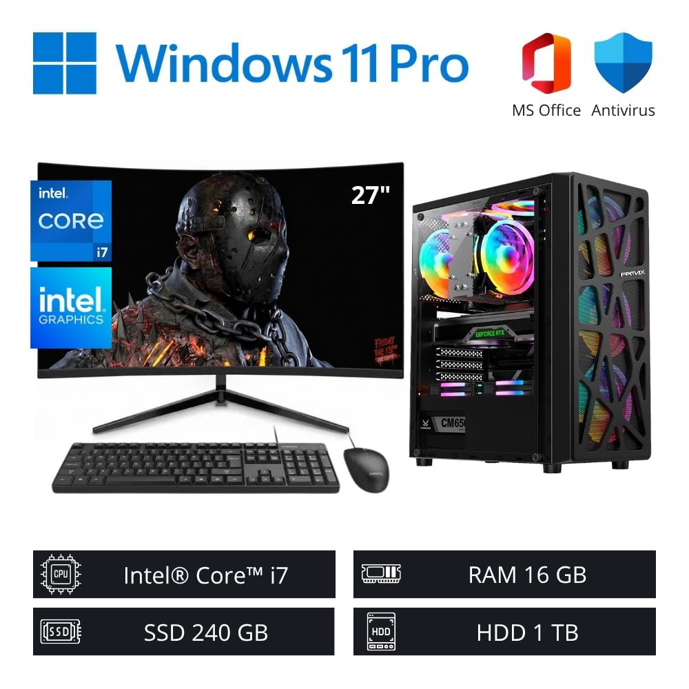 Computadora PC Intel Core i7 3,90 GHz 16GB RAM 240GB SSD 1TB HDD + Monitor Curvo 27"" FHD