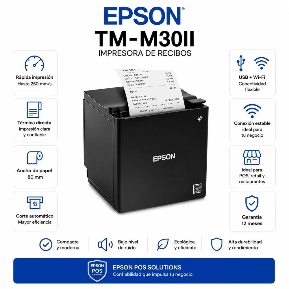 Impresora de Recibos Epson TM-M30II USB Wi-Fi Ethernet C31CJ27022