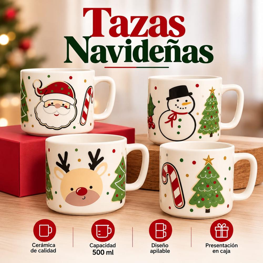 TAZA NAVIDAD COLECCIÓN POR 4 UND 500 ML 4 DISEÑOS