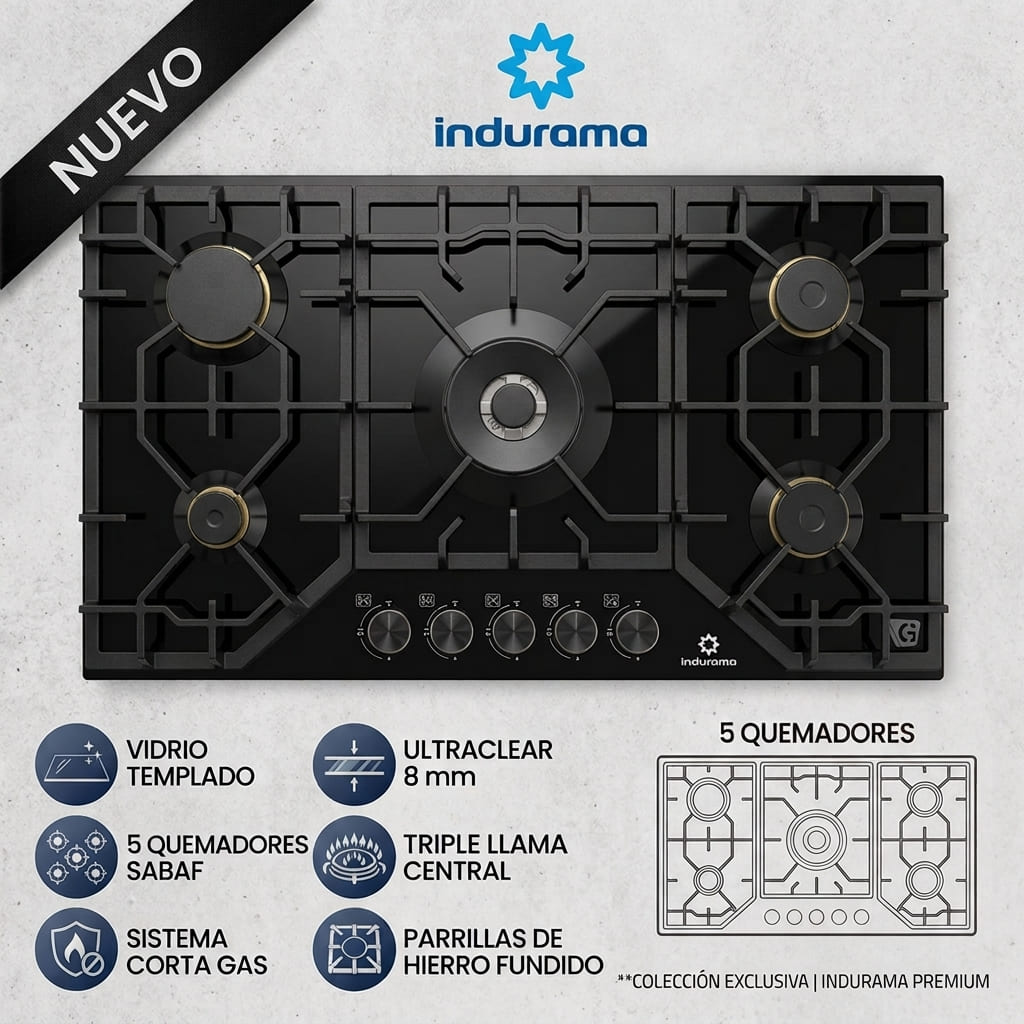 Encimera 5 quemadores a gas Negro Indurama EGASI-905CGNE