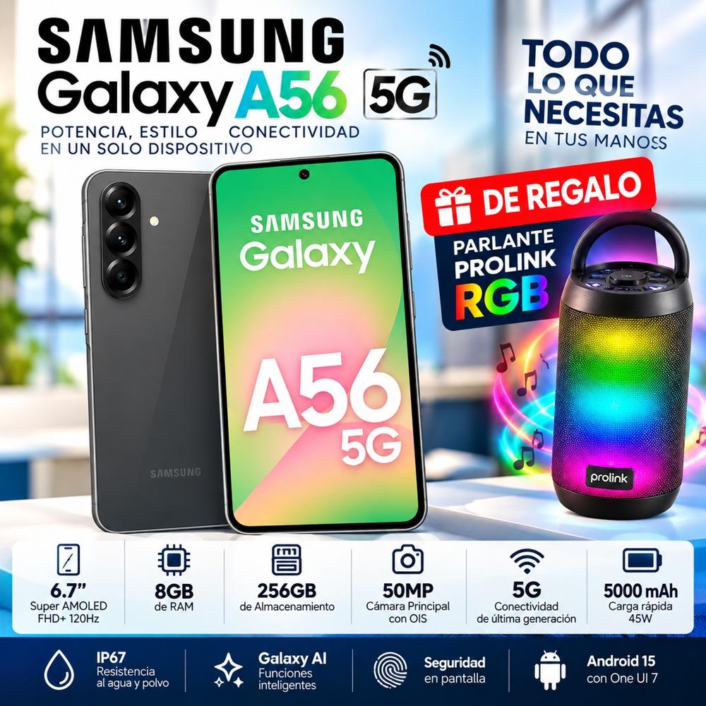 Celular Samsung Galaxy A56 5G 256GB 8GB RAM Negro - Parlante Prolink RGB de Regalo
