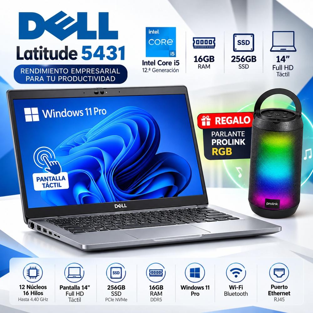 Laptop Dell Latitude 5431 i5-1250P 16GB 256GB SSD 14 FHD Táctil Reacondicionada - Parlante Gratis