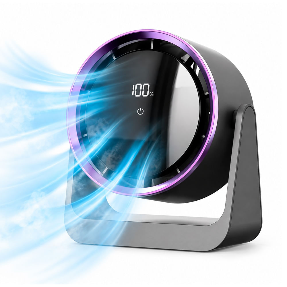 Ventilador Portátil de Escritorio 7 Aspas con Pantalla Digital Morado