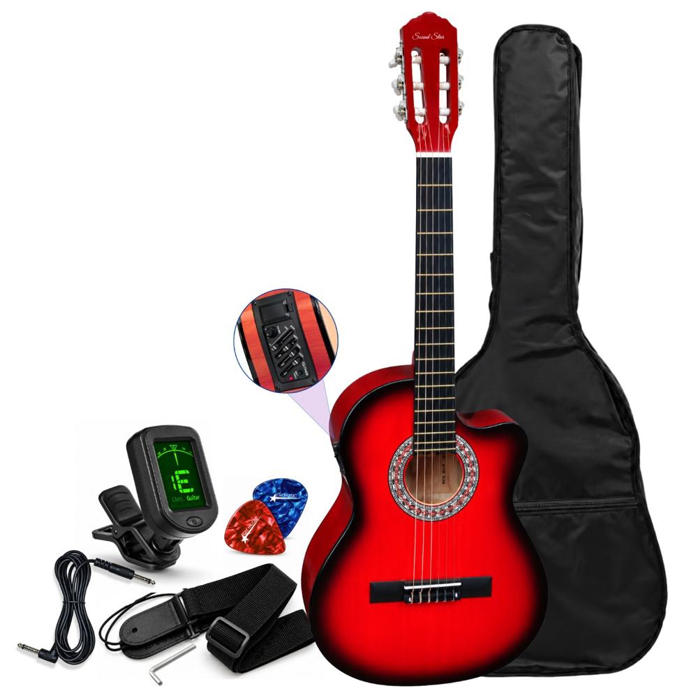Guitarra Electroacústico nylon color Rojo kit Completo de accesorios