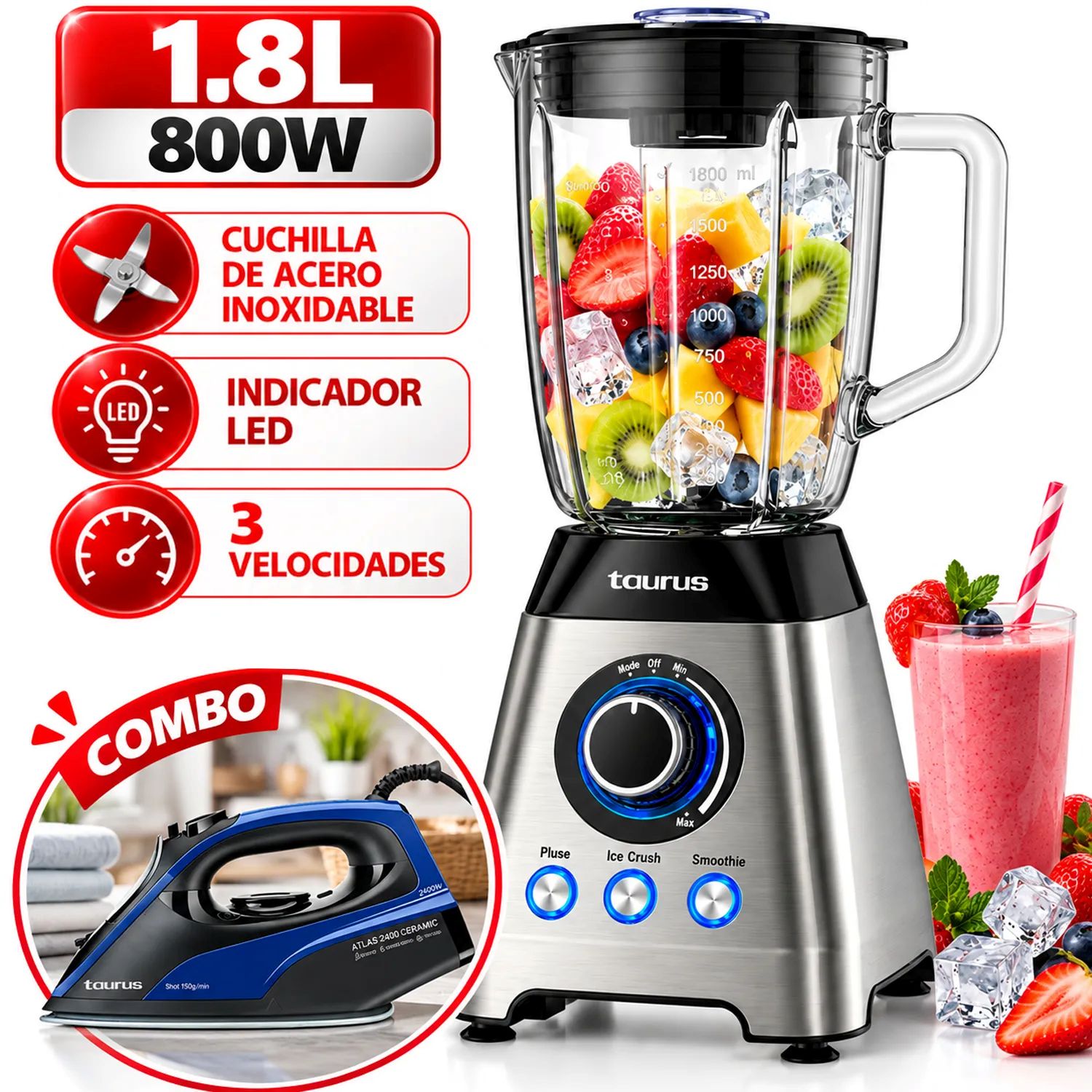 Combo Taurus Licuadora EXPERT 800 1.8 Litros 800 Watts Y Plancha ATLAS 2400