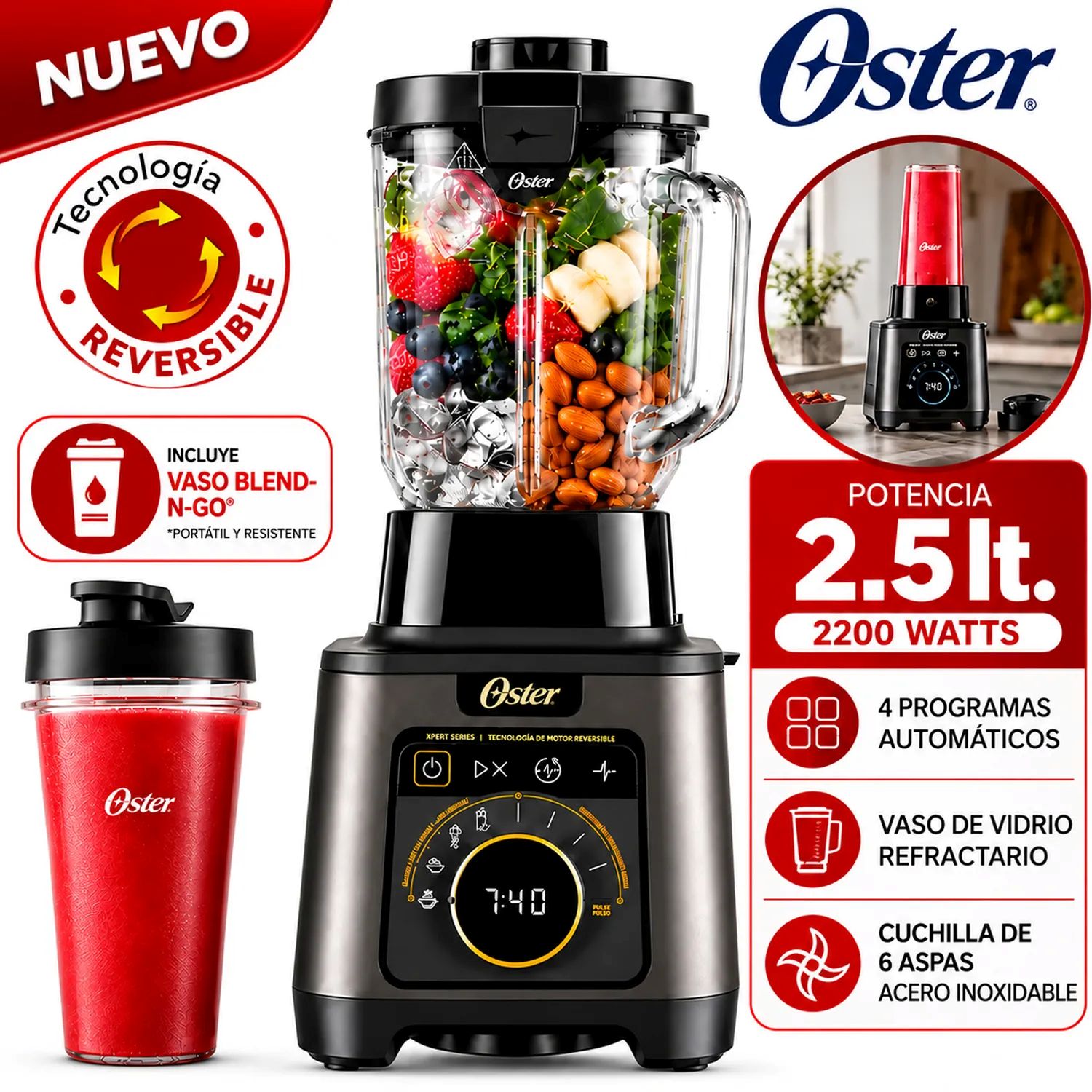 Licuadora Profesional Titan Oster de 2200 W con 4 Programas, 5 Velocidades BLSTXT-XG