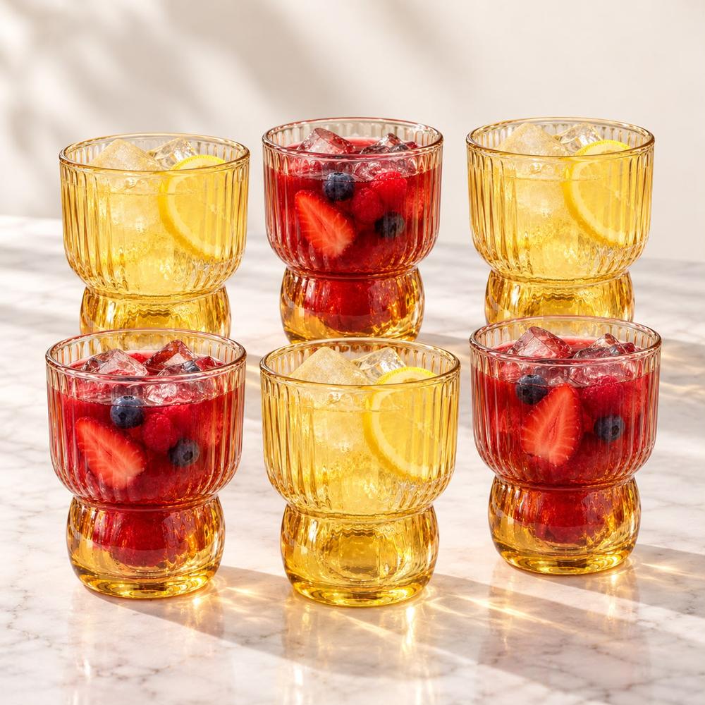 Set de 6 Vasos de Vidrio Ámbar Labrado de 200 ml