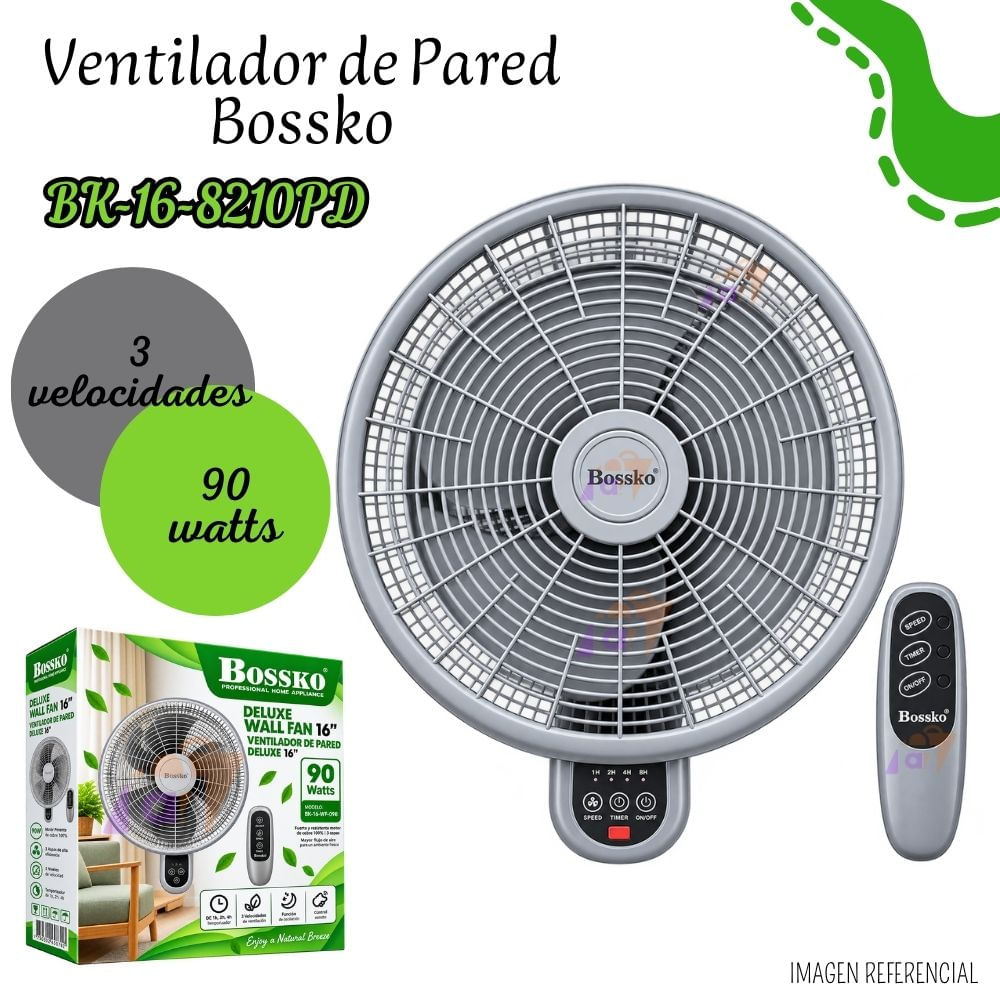 VENTILADOR DE PARED BOSSKO 16  CON CONTROL REMOTO BK 168210PD  GRIS