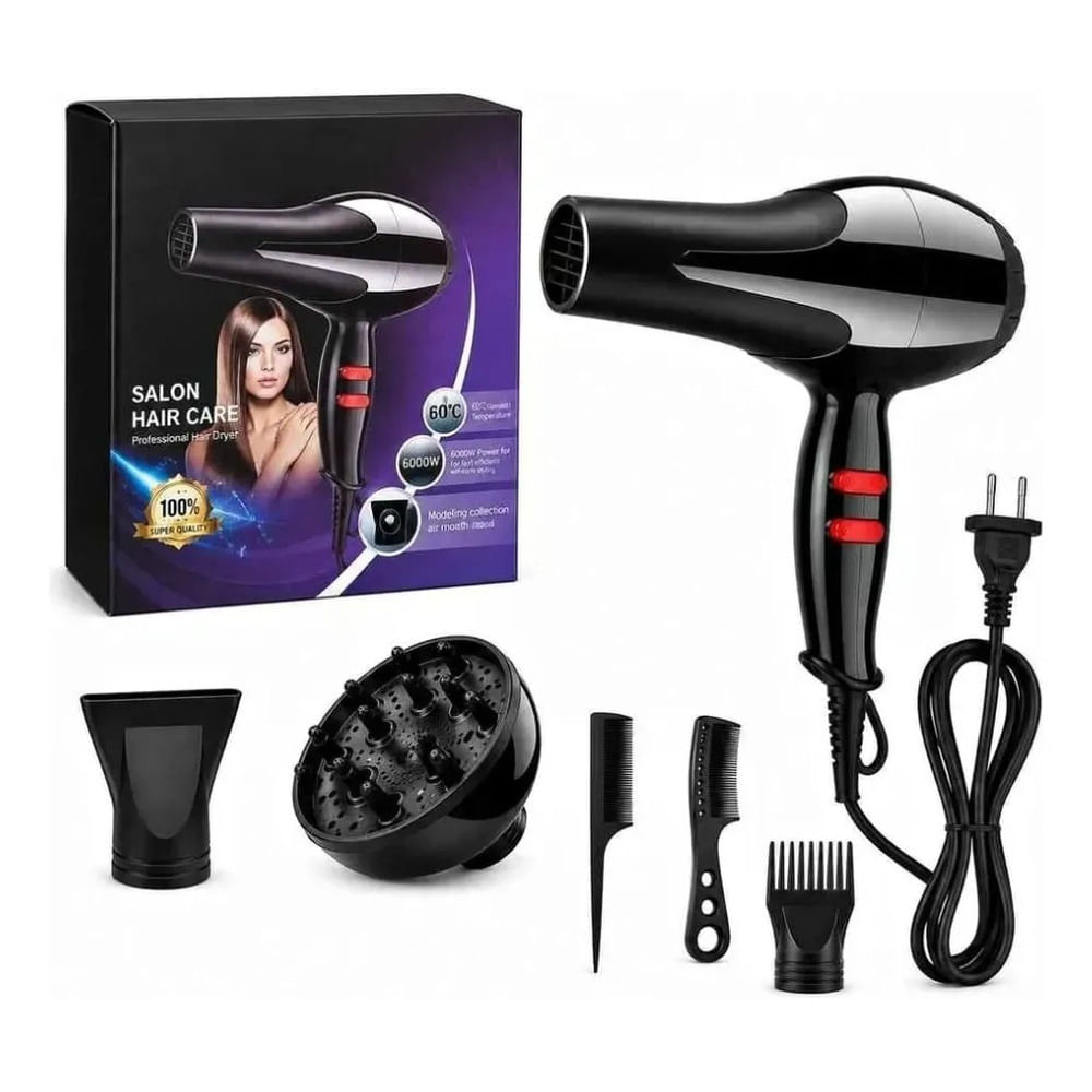 SECADORA DE CABELLO 6000 W AIRE FRIO Y CALIENTE CON DIFUSOR PARA RISOS BOQUILLAS Y PEINES.