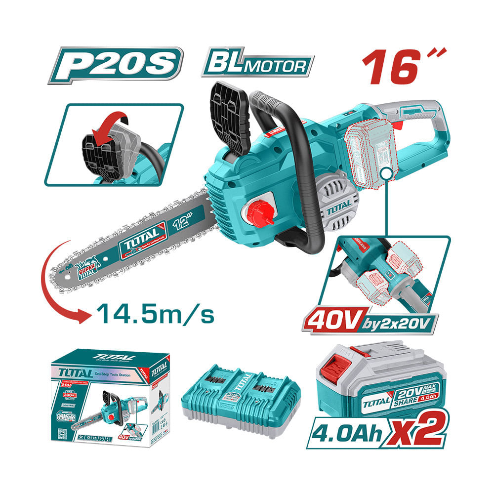 SIERRA DE CADENA LI-ION 40V 20-20V 16 PULGADAS  40CM 14.5M-S 2X4.0AH