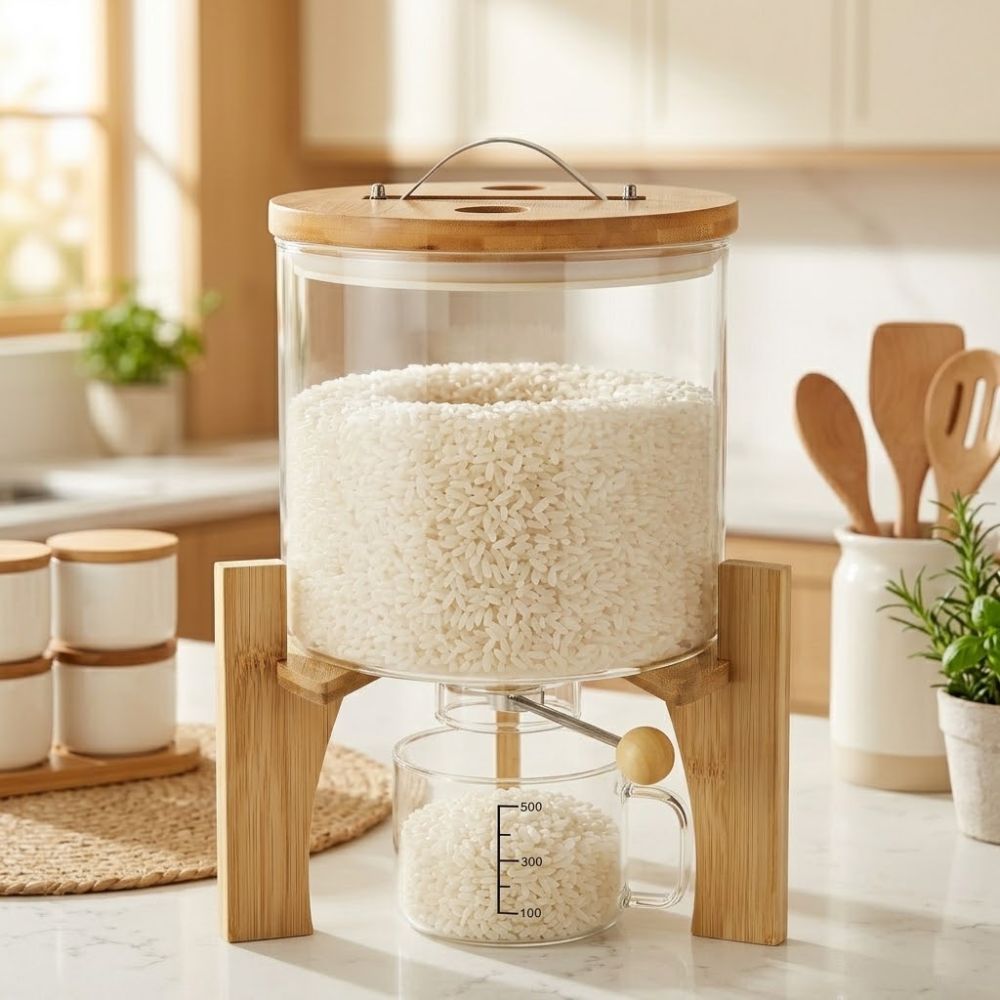 Dispensador de Arroz y Cereales de Vidrio 5 kg con Base de Bambú