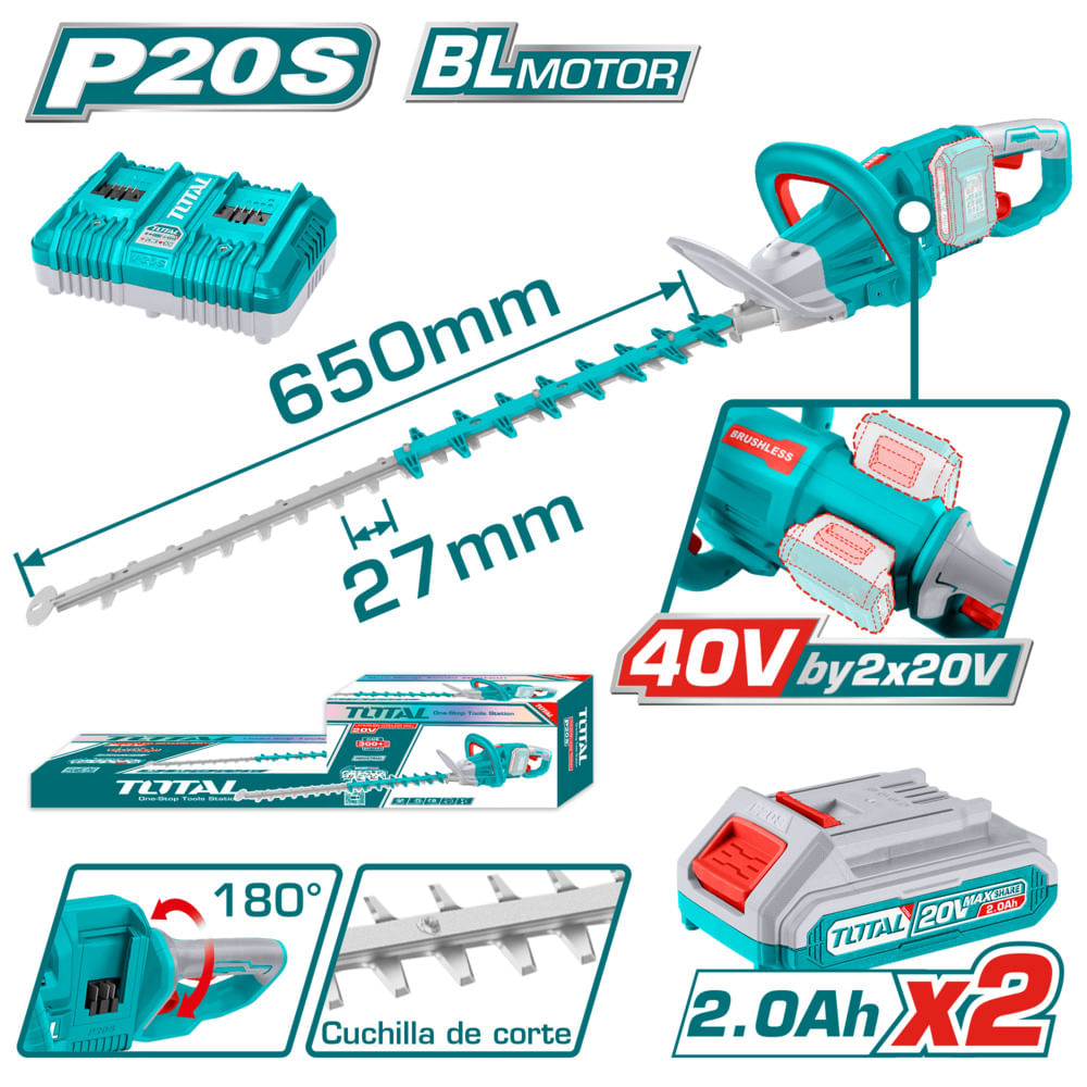 CORTASETOS LI-ION 40V 3600SPM 65CM C 27MM 2X2.0AH MANGO 180 GRADOS INDUSTRIAL
