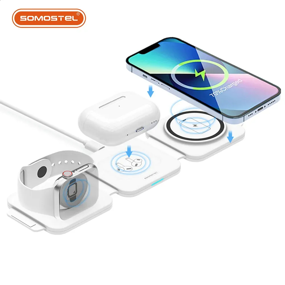 Cargador Inalámbrico Plegable 3 en 1 Somostel 15W para iPhone y Apple Watch - Blanco