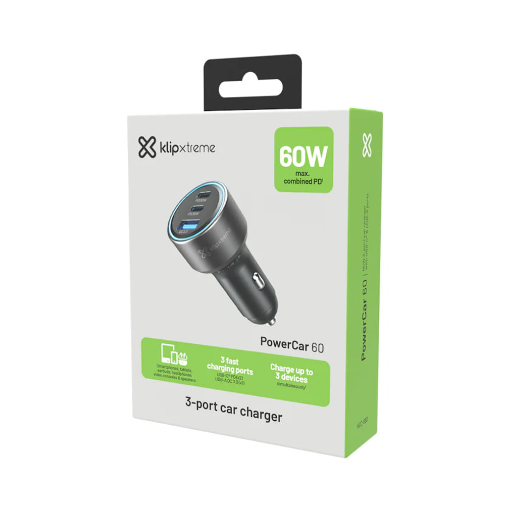 Cargador Auto Klip Xtreme 60W 2 USB-C PD  USB-A QC Negro KCC-060