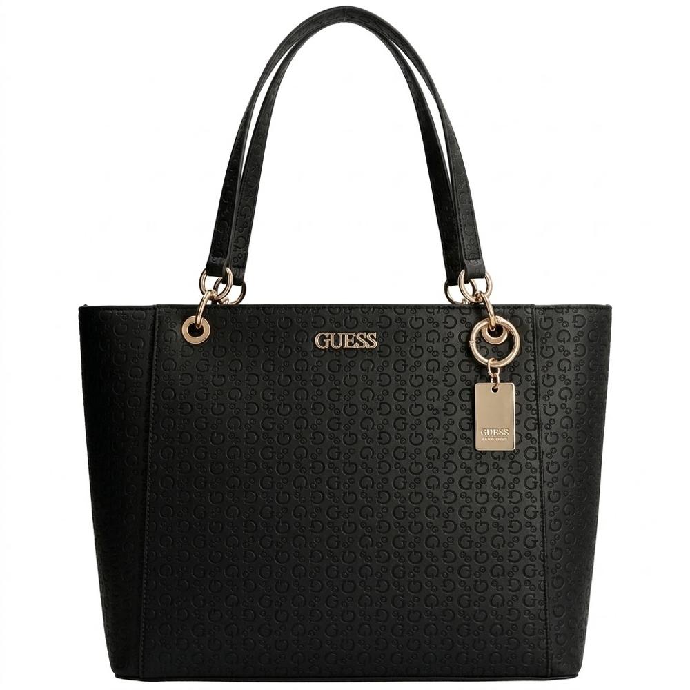 CARTERA TOTE GUESS NEGRO MONOGRAFIADO CON ADORNO DORADO ZAKAIRA