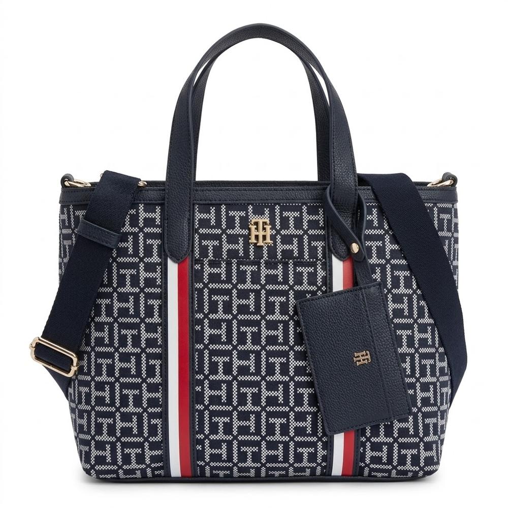 CARTERA MINI TOTE Y CROSSBODY TOMMY HILFIGER MULTICOLOR MONOGRAFIADO CON MONEDERO