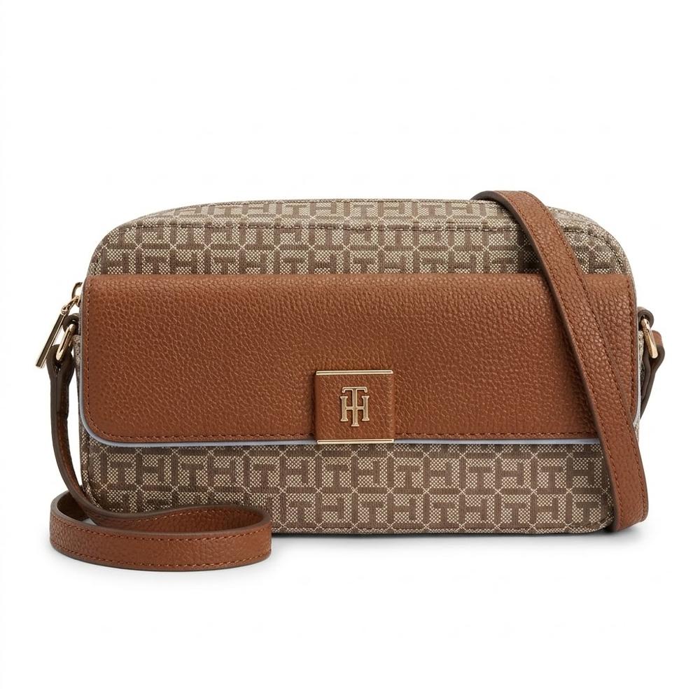 CARTERA CROSSBODY TOMMY HILFIGER MARRÓN CON DORADO OPACO MONOGRAFIADO
